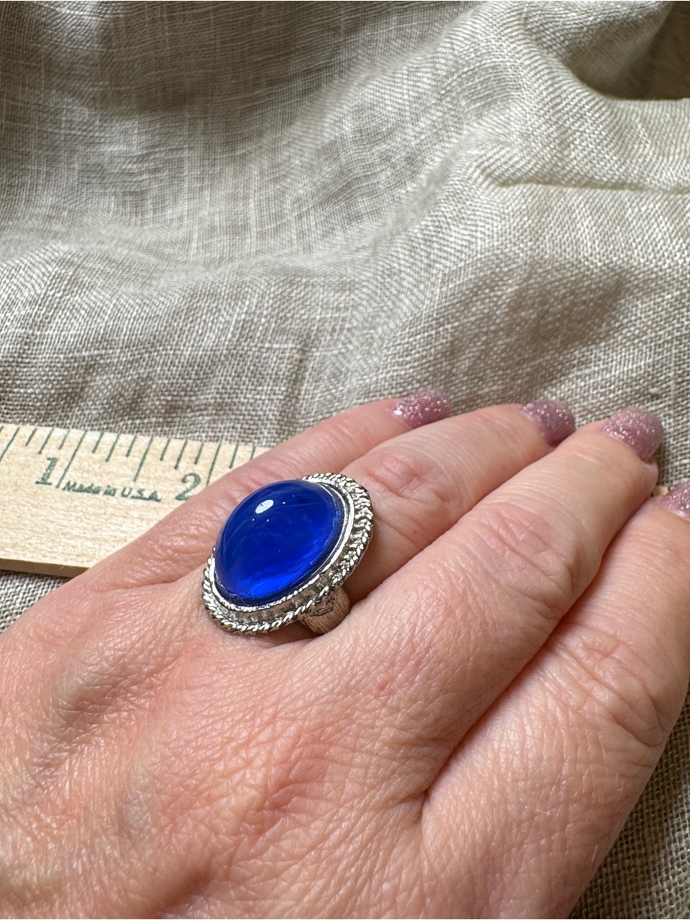 Vintage Silver Tone Ring with Deep Cobalt Blue Glass Cabochon Size 8
